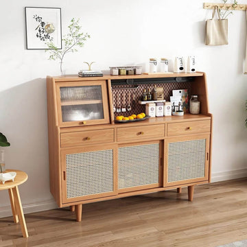 47" Modern Rattan Dresser with Drawers, Shelves, Doors - Natural
